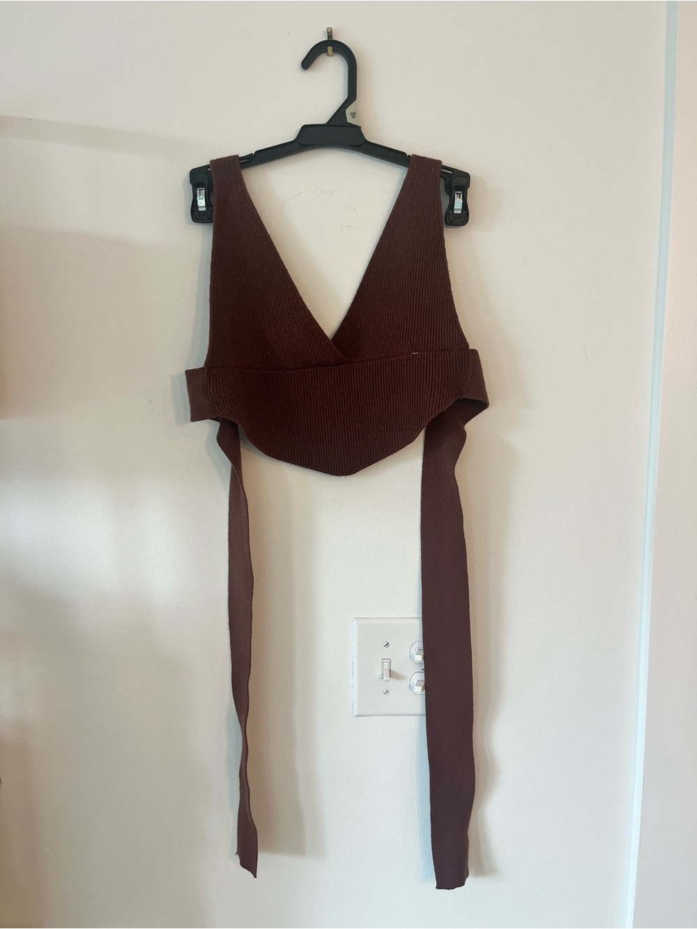 Brown Ribbed Wrap Crop Top